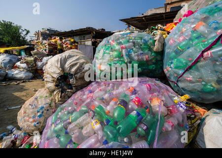 Grandi reti pieno di bottiglie in plastica, raccolti in città per il riciclaggio Foto Stock