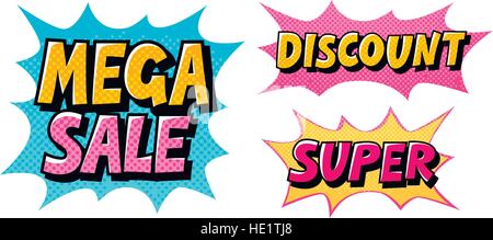 Mega Vendita, sconto, Super. Testo fumetto pop art in stile vettoriale Illustrazione Vettoriale