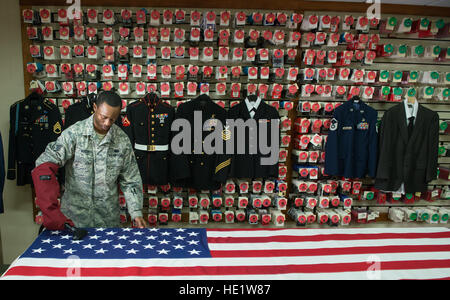 Il personale Sgt. DeAnthony Rosser, Dover affari mortuaria, operazioni di partenza specialista, vapori una bandiera americana alla Dover Air Force Base, Delaware. Avieri responsabile per la cura delle uniformi sul lavoro di lucidatura di metalli, decorazione preparazione e uniforme di tatto per ore al fine di dare alle famiglie dei caduti la migliore rappresentazione del militare degli Stati Uniti uniforme indossata dai loro cari. Avieri rimangono pronti a fornire onorato servizio per servizio caduti i membri nelle loro famiglie. /Staff Sgt. Vernon giovani Jr. Foto Stock