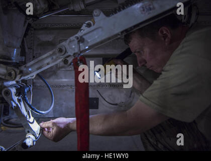 Tech. Sgt. Christopher Melrose, un 455th Expeditionary Manutenzione aeromobili squadrone tecnico di fase, ispeziona la parte interna di un F-16C Fighting Falcon durante la fase di routine di manutenzione a Bagram Airfield, Afghanistan, 18 maggio 2016. Il velivolo è andato attraverso la manutenzione di fase in cui i membri della 455th EAMS volo di fase controllato attentamente il velivolo per verificare la presenza di eventuali crepe o altri tipi di danni, verificando che il 30-plus anno vecchi aeromobili era sicuro di volare. /Senior Airman Justyn M. Freeman Foto Stock