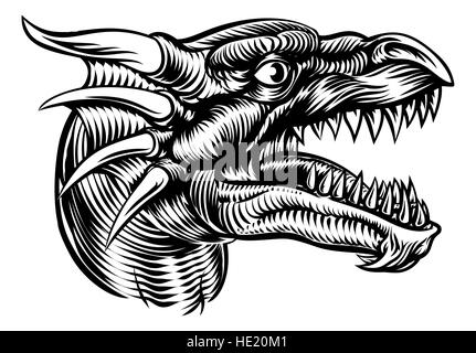 Illustrazione originale di un mostro testa di drago in un vintage retrò stile xilografia Foto Stock