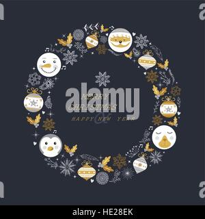 Buon Natale Anno Nuovo ghirlanda Retrò design telaio con grazioso decor invernale ornamenti. Include santa claus, snowman, orso e pinguino. Illustrazione Vettoriale