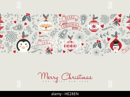 Merry Christmas illustration design, carino retrò disegnati a mano composizione di stile con elementi decorativi. Include ornamenti vintage, santa claus Illustrazione Vettoriale