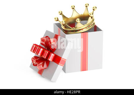 Confezione regalo con corona d'oro 3D rendering isolati su sfondo bianco Foto Stock