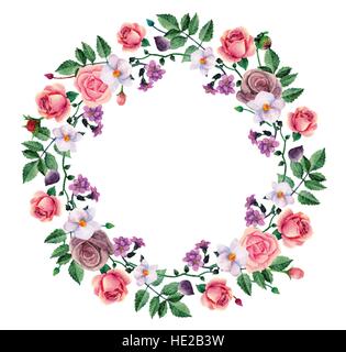 Acquerello corona di rose rosa. Dipinto a mano fiori. Cornice floreale di clip-art vettoriali Illustrazione Vettoriale