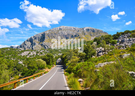 Svuotare strada asfaltata e alta montagna rocciosa con vegetazione verde sull'isola di Maiorca Foto Stock