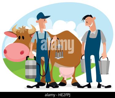 Illustrazione Vettoriale degli agricoltori con mucca Illustrazione Vettoriale