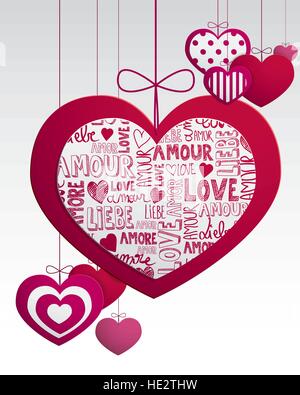 Carta amore appesi cuori scheda vettore completo Illustrazione Vettoriale