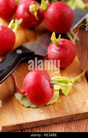 Red ravanelli sul tagliere di legno Foto Stock