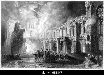 Un'incisione della distruzione della cattedrale di Elgin Burnt nel 1390 d.C. scansionata ad alta risoluzione da un libro stampato nel 1859. Credevo libero da copyright. Foto Stock