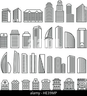 Isolato delineato nelle linee monocromatiche di blocchi di appartamenti logo set. Grattacieli di vettore illustrazione. Urban real estate indicazioni per brochure aziendale. Architettura progettata logotipi. Costruzioni Edili. Illustrazione Vettoriale