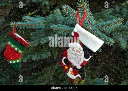 Calza di Natale appeso sul blu albero di abete rosso con i fiocchi di neve Foto Stock