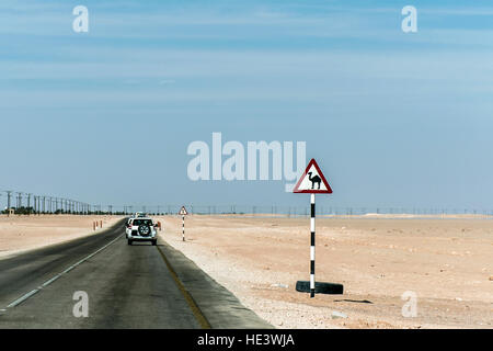 Avviso di cammello nel deserto di segno in autostrada in dhofar salalah Oman il Medio Oriente Foto Stock