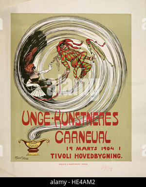 "Unge Kunstneres Carneval" di Rudolf Krog è un'immagine storica di un vecchio carnevale, con costumi, palle in maschera e feste. Il pezzo cattura l'atmosfera vivace e culturale dell'epoca, mostrando i costumi stravaganti ed elaborati indossati durante l'evento. L'opera è conservata nella Biblioteca Nazionale di Norvegia. Foto Stock
