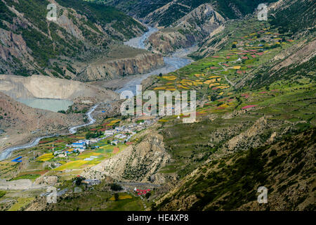 Vista aerea sul villaggio Manang e il paesaggio agricolo della tomaia Marsyangdi valley con terrazza campi Foto Stock