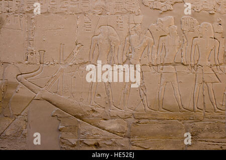 Geroglifici presso le colonne e le pareti della grande sala Hypostyle, i Templi di Karnak e Luxor, la Valle del Nilo, Egitto, Africa Foto Stock