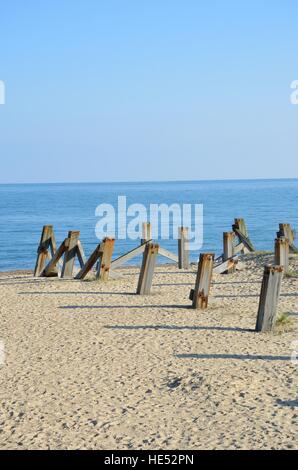 Weathered posti di legno in terra di mare in ritratto aspetto Foto Stock