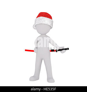 Corpo pieno ritratto di 3d toon in Santa hat con spada samurai su sfondo bianco Foto Stock