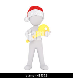 Corpo pieno 3d toon in Santa hat tenendo premuto il tasto d'oro su sfondo bianco Foto Stock