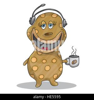 Divertente personaggio dei cartoni animati operatore telefonico con una tazza di caffè caldo Illustrazione Vettoriale