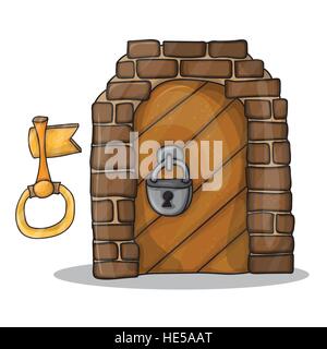 Chiave di vintage e la porta del castello - illustrazione di vettore isolato su sfondo bianco, design cartoon Illustrazione Vettoriale