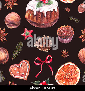 Acquerello Natale seamless pattern con budino tradizionale Foto Stock