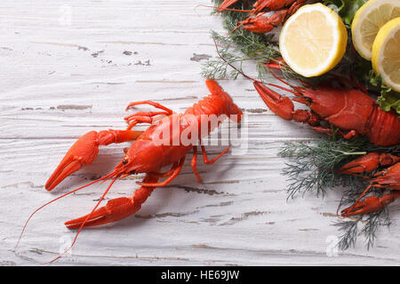 Aragosta bollita sul tavolo di close-up. vista orizzontale dal di sopra Foto Stock
