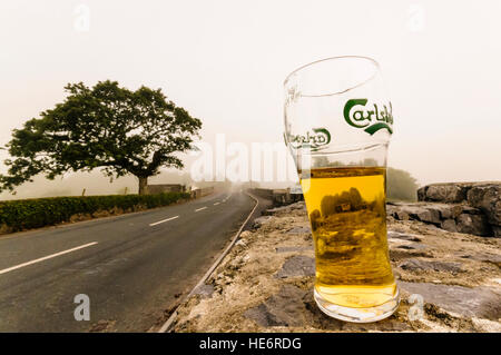 Una mezza pinta di birra finito di Carlsberg lager la birra viene lasciato su un muro di pietra in Irlanda rurale la domenica mattina. Foto Stock