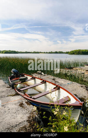 Barca a remi ormeggiate si siede fino a un irlandese lough (lago) Foto Stock