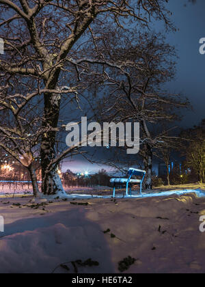 Panca e alberi nella neve alla luce delle lanterne di notte Foto Stock Panca e alberi nella neve alla luce delle lanterne di notte Foto Stock