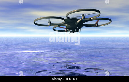 Vista aerea del quadrocopter battenti, rendering 3D Foto Stock