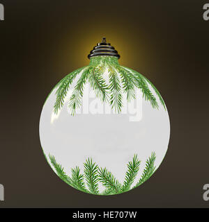 Verde Abete rami sul bianco natale Pallina, foto realistiche di computer grafica Foto Stock