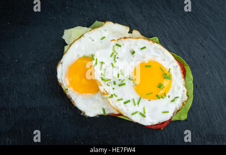 Freschi sandwich fatti con uova fritte (close-up shot; messa a fuoco selettiva) Foto Stock