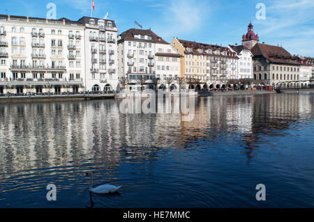 La Svizzera, Europa: un cigno nel fiume Reuss e dello skyline della città medievale di Lucerna, famosa per le sue coperte ponti in legno Foto Stock