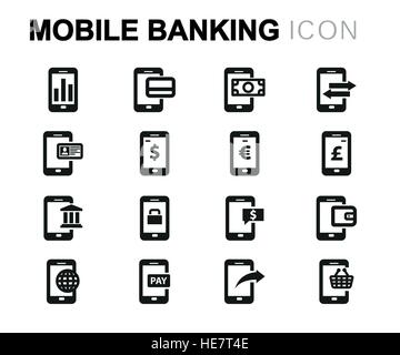 Linea del vettore mobile banking set di icone Illustrazione Vettoriale