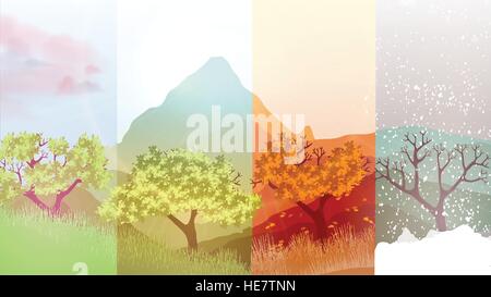 Four Seasons banner con alberi di astratta su sfondo di foresta - Illustrazione Vettoriale Illustrazione Vettoriale