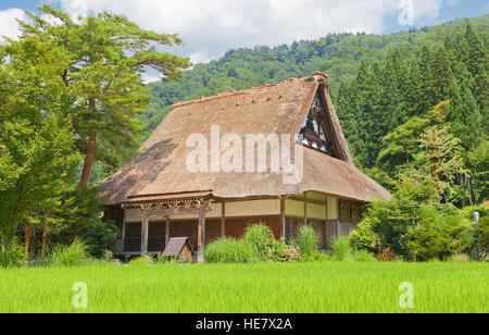 Myozen-ji il tempio con tetto di paglia in gassho Ogimachi stile villaggio di Shirakawa-go distretto. Sito del Patrimonio Mondiale di UNESCO Foto Stock