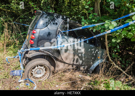 Smart auto abbandonate nella siepe di paese Lane, Regno Unito Foto Stock