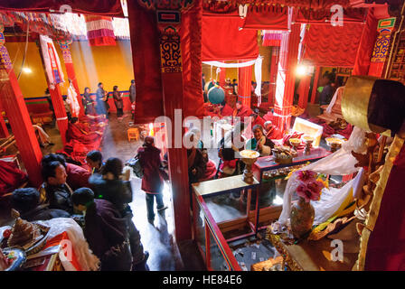 Dagtse: Sanga monastero monaci; pregare nella sala principale, Tibet, Cina Foto Stock