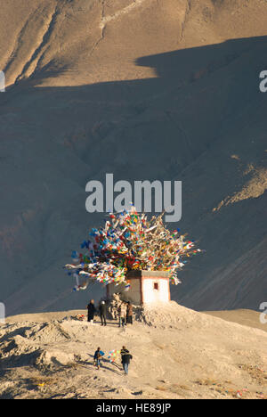 Gyantse: Cottage con bandiere di preghiera; tibetani portare nuovi bastoni con la preghiera le bandiere sul tetto per il periodo del nuovo anno tibetano, Tibet, Cina Foto Stock