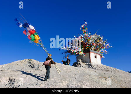 Gyantse: Cottage con bandiere di preghiera; tibetani portare nel periodo del nuovo anno tibetano nuovi poli con bandiere di preghiera al tetto, Tibet, Cina Foto Stock