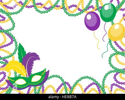 Mardi Gras beads cornice colorata con una maschera e palloncini, isolato su sfondo bianco. Illustrazione Vettoriale. Illustrazione Vettoriale