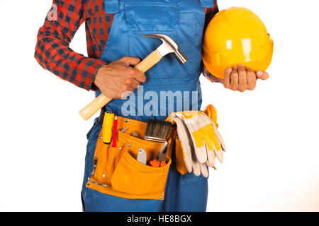 Lavoratore manuale uomo isolato su sfondo bianco Foto Stock