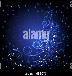 Inverno biglietto di auguri con albero di Natale, stelle e fiocchi di neve. Illustrazione Vettoriale