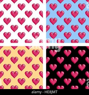 Set di vettore seamless patterns con cuori di pixel. San Valentino o sfondo di nozze, 8 bit design retrò. Già in campioni. Illustrazione Vettoriale