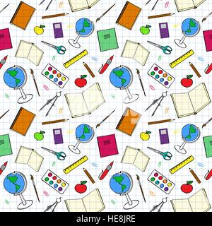Modello senza cuciture con colorati scuola-voci correlate. Sketch-come illustrazione di libri, penne e altri oggetti per gli studi. Illustrazione Vettoriale