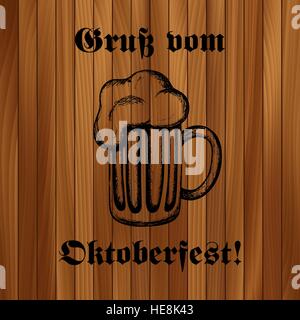 Disegnate a mano illustrazione vettoriale di una tazza di birra. Oktoberfest celebrazione del design. Testo in tedesco: "Saluti da Oktoberfest!' Illustrazione Vettoriale