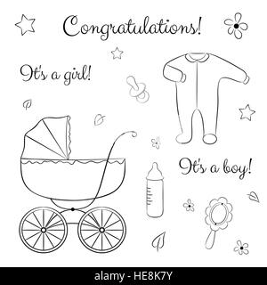 Un bozzetto-come set di articoli per neonati: baby carrello, abbigliamento, battito, il succhietto, biberon ed elementi decorativi. Illustrazione Vettoriale