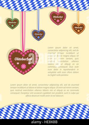 Oktoberfest sfondo con appeso gingerbread cookie cuori e bandiera bavarese. Oktoberfest celebrazione design con un posto per il vostro testo, eps10. Illustrazione Vettoriale