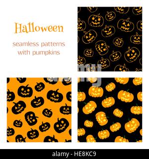 Set di vettore modelli senza soluzione di continuità con le tradizionali zucche intagliate. Sfondi perfetti per il tuo Halloween design. Illustrazione Vettoriale